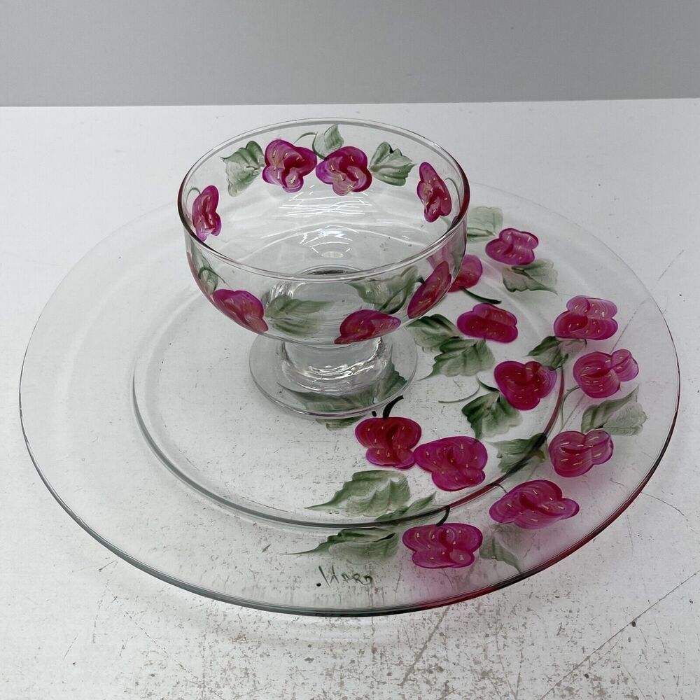 Hand Painted Wild Berries Clear Glass Plate & Footed Dessert Bowl Signed A.Ward